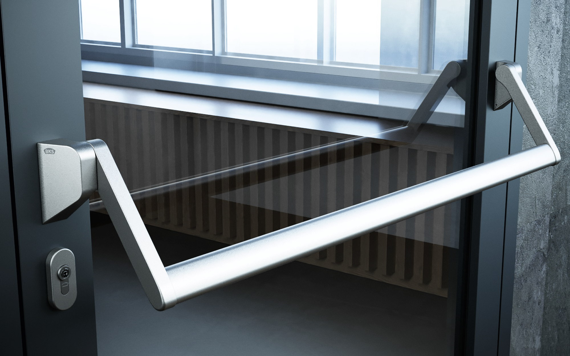 Edelstahl Stangengriff aus Edelstahl an Rohrrahmentür mit Glaseinsatz