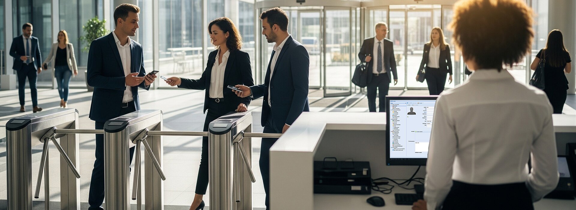 Eingangs- und Empfangsbereich eines modernen Bürogebäudes mit GEMOS access von BKS als moderne Zutrittskontrolllösung