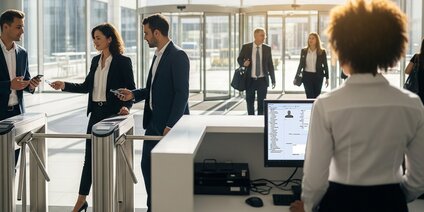 Moderne Büro Zutrittskontrolle mit Drehkreuz und Empfang 