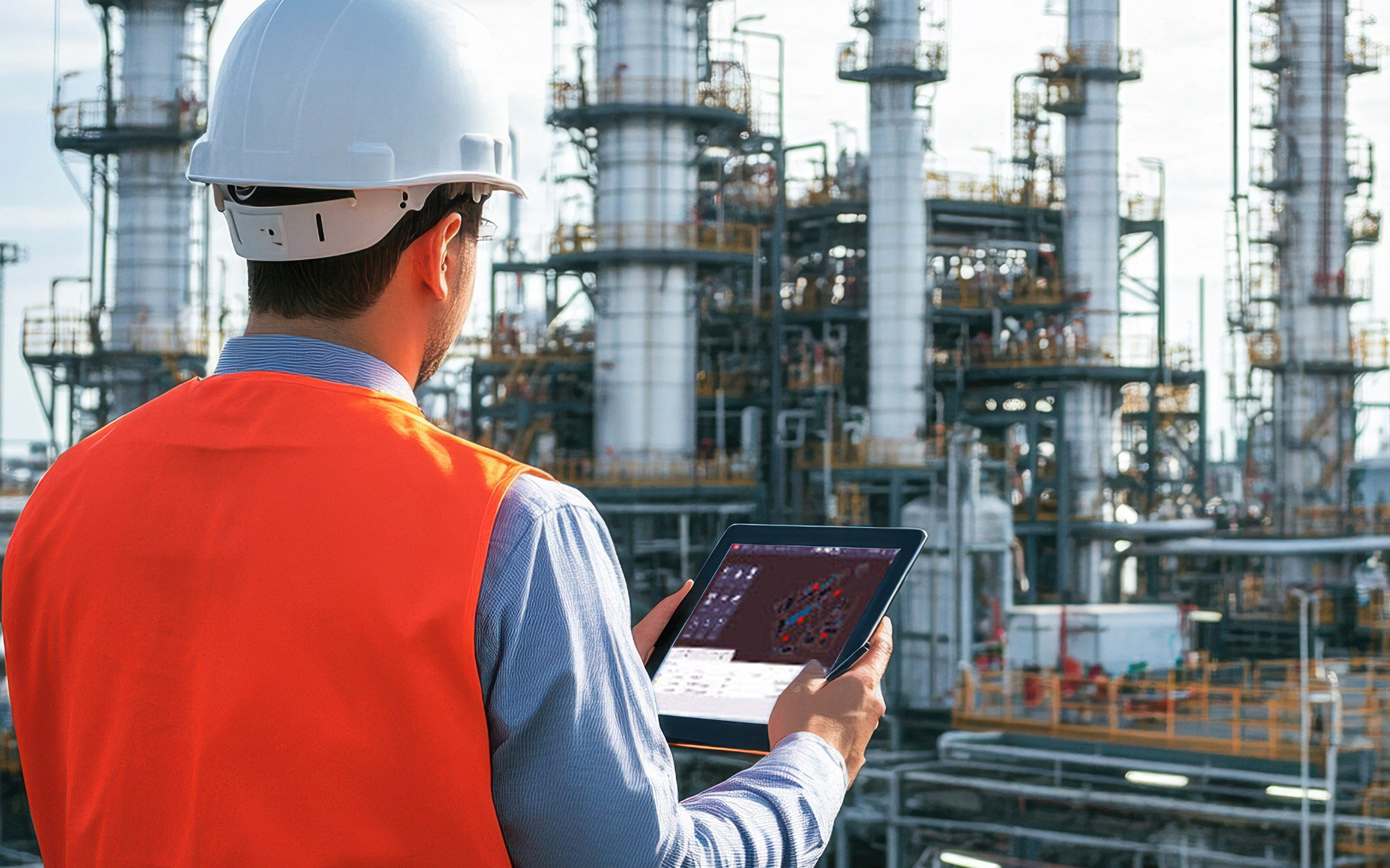 Ingenieur überprüft Industrieanlage mit Tablet im Außenbereich