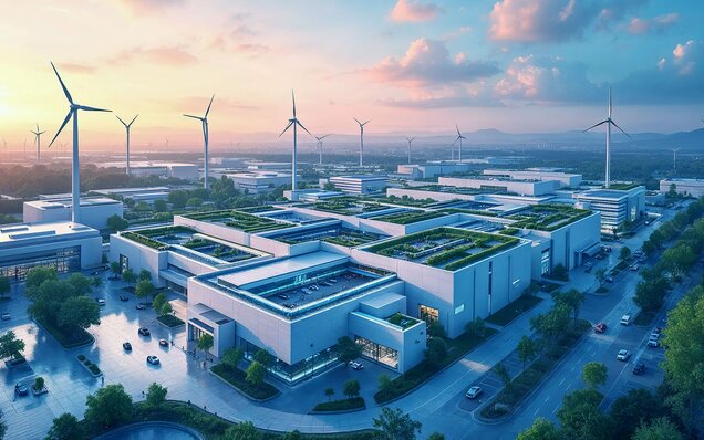 Industriegebiet mit Windrädern und grünen Dächern