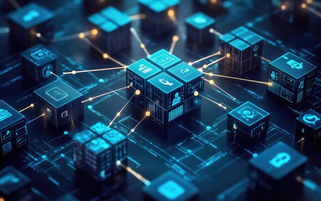 Einzelne Würfel mit Symbolen in Gruppen auf einer Art Leiterplatte angeordnet stellen die einzelnen Module des GEMOS Gebäudemanagementsystems dar.