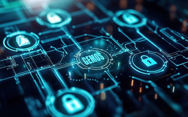 Ein virtuelles Netzt aus blauen Linien zwischen unterschiedlichen Symbolen symbolisieren die Schnittstellen des GEMOS Gebäudemanagementsystems
