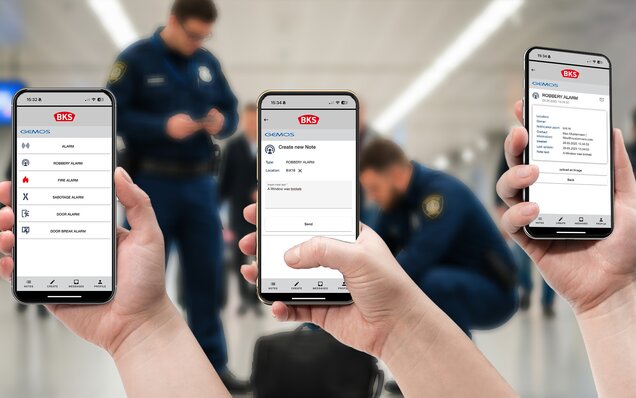 Drei Smartphones zeigen die BKS Gemos Incident Management-App mit Funktionen zur Verwaltung sicherheitsrelevanter Alarme