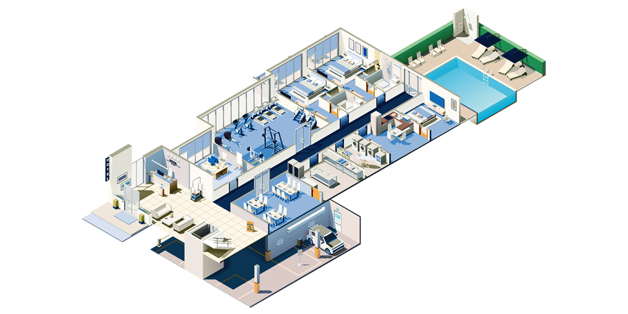 Modernes Hotel mit Pool und Therapie