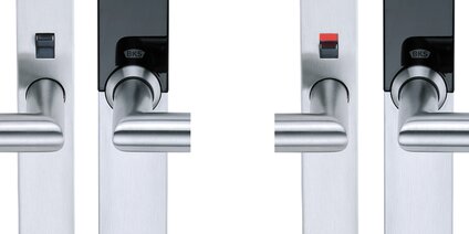 Nahaufnahme "Bitte nicht stören" Funktion des BKS | hotel Türbeschlag mit Edelstahlgriffen
