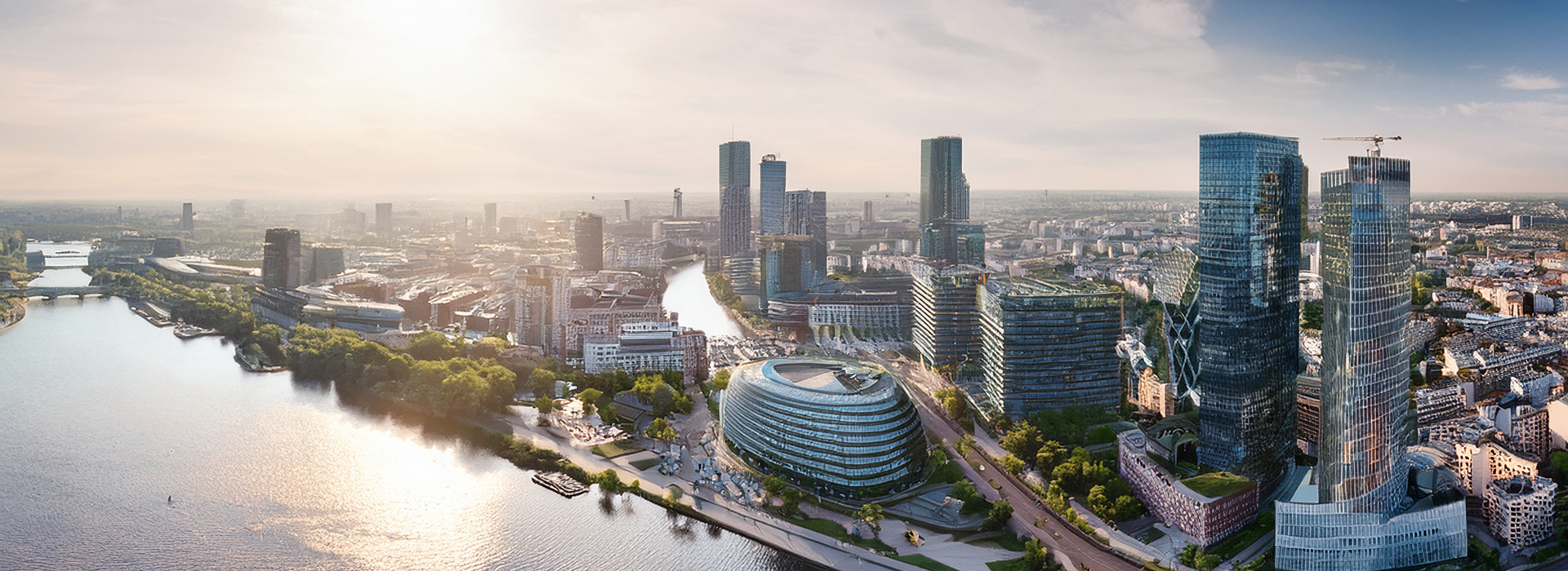 Moderne Skyline mit Flussufer und Hochhäusern