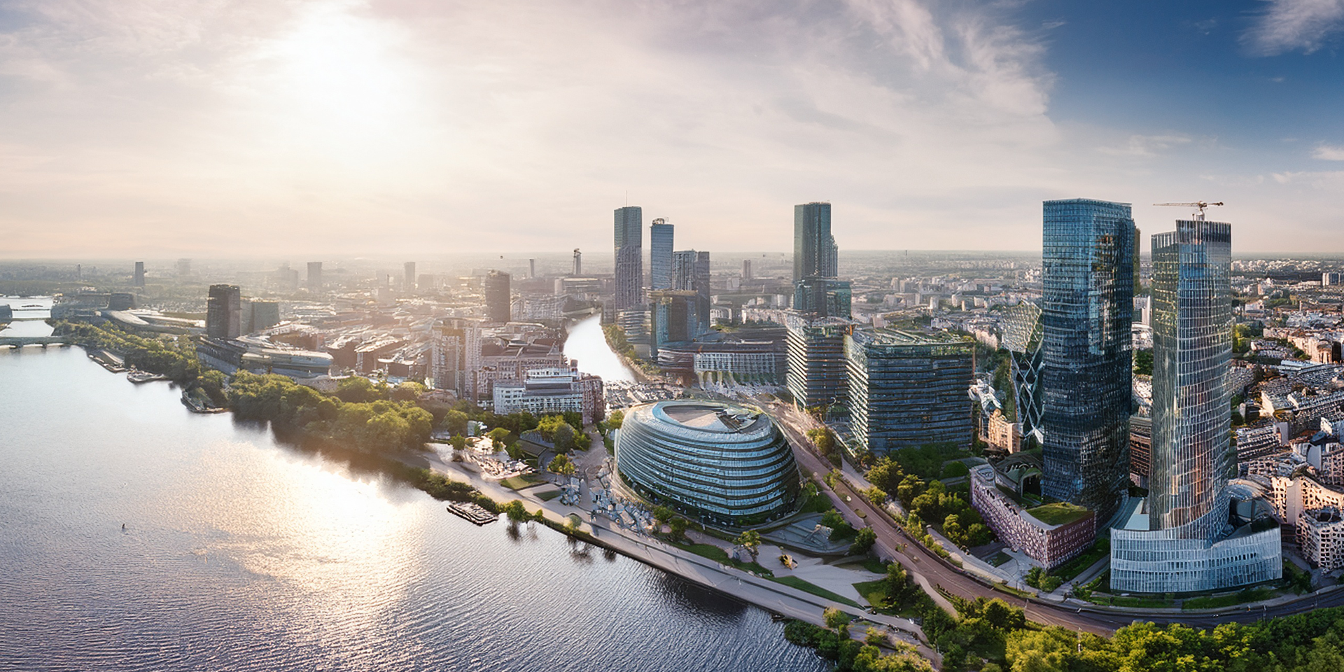 Moderne Skyline mit Hochhäusern und Flussufer in einer Großstadt bei Sonnenuntergang