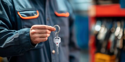 Handwerker mit BKS-Schlüssel in der Werkstatt