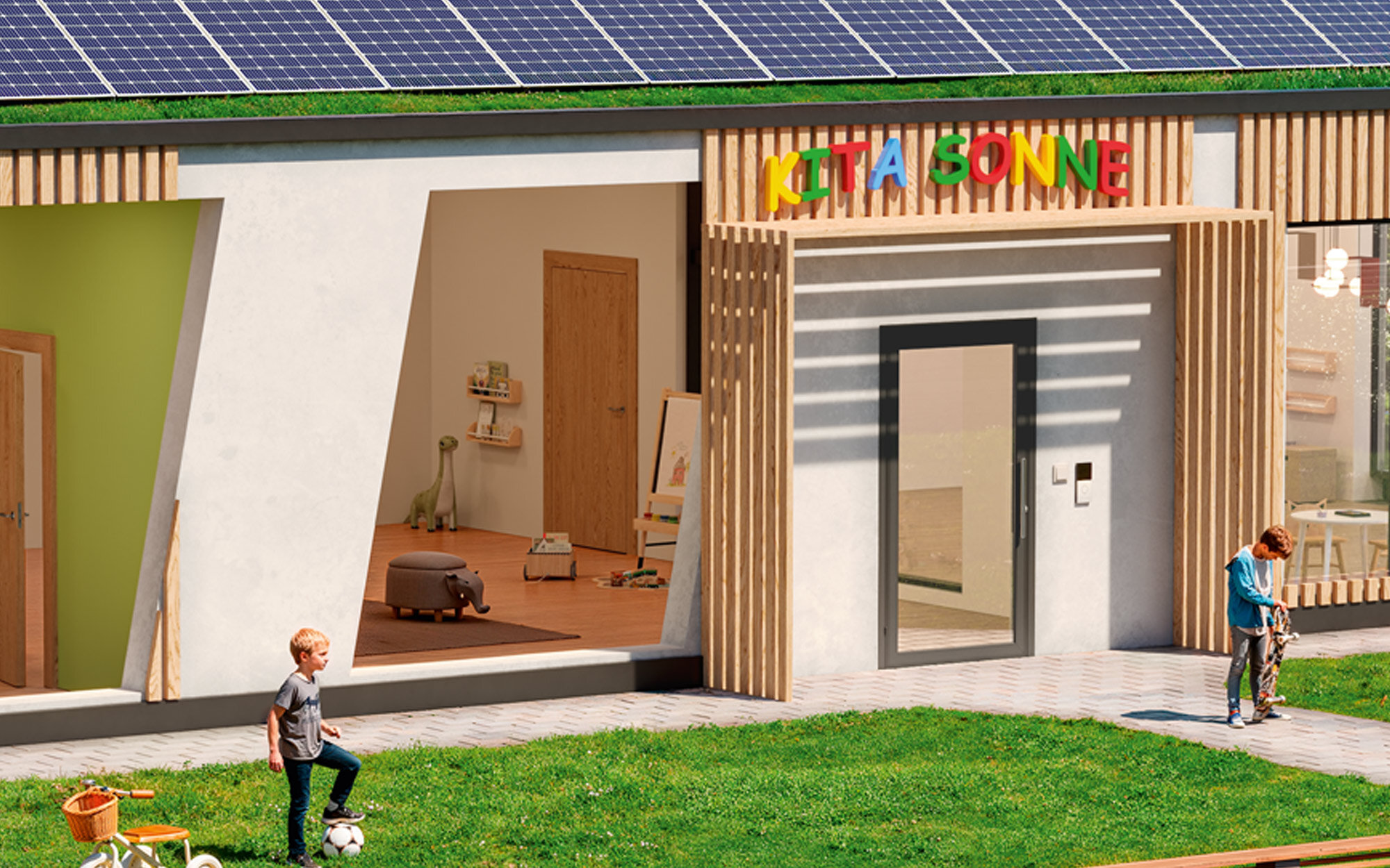 Moderne Kita mit Solaranlage und Kindern