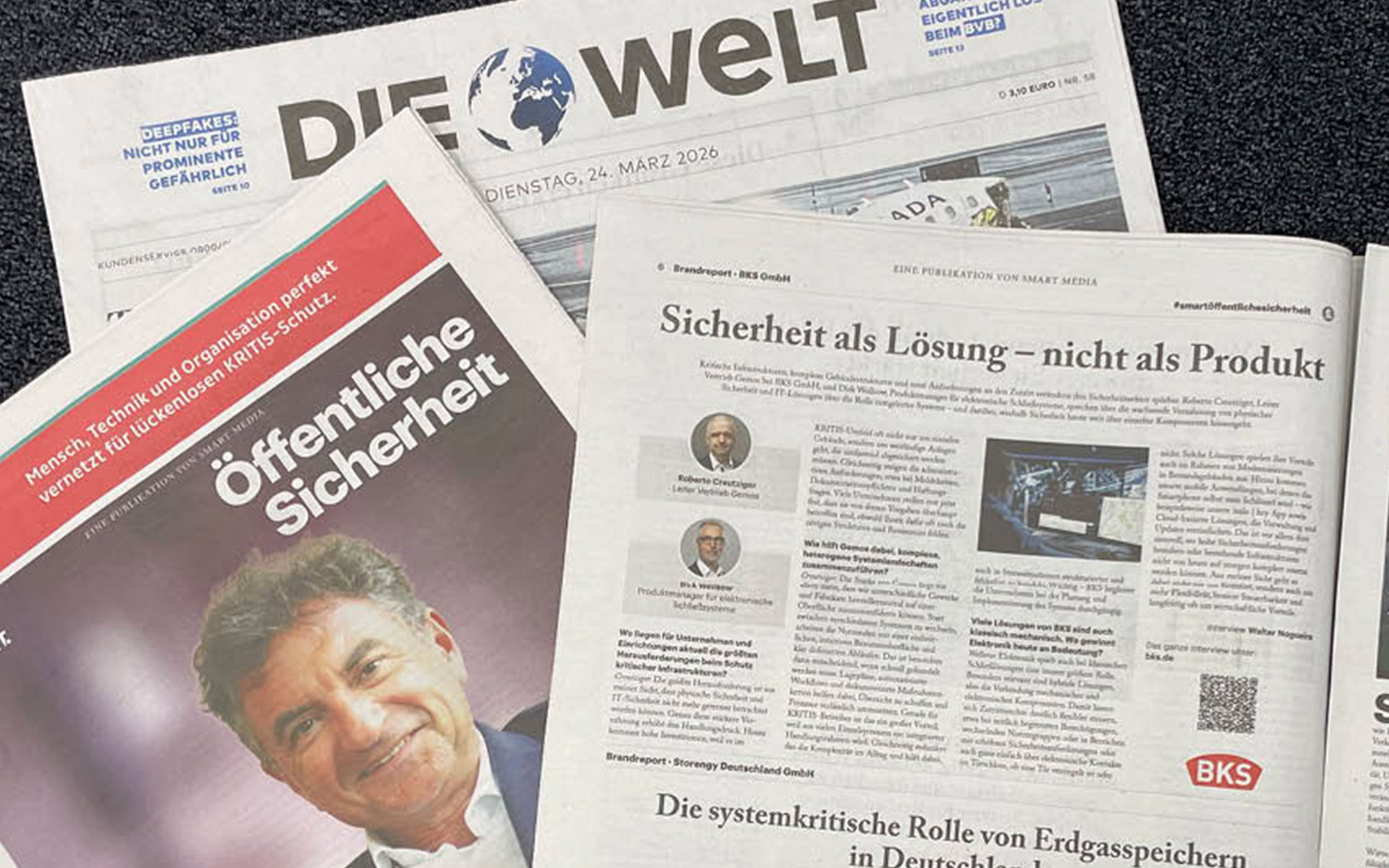 Das Bild zeigt die Sonderbeilage zum Thema öffentliche Sicherheit und KRITIS-Schutz in der Ausgabe 24.03.2026 der Zeitung DIE WELT mit einem Interview von BKS