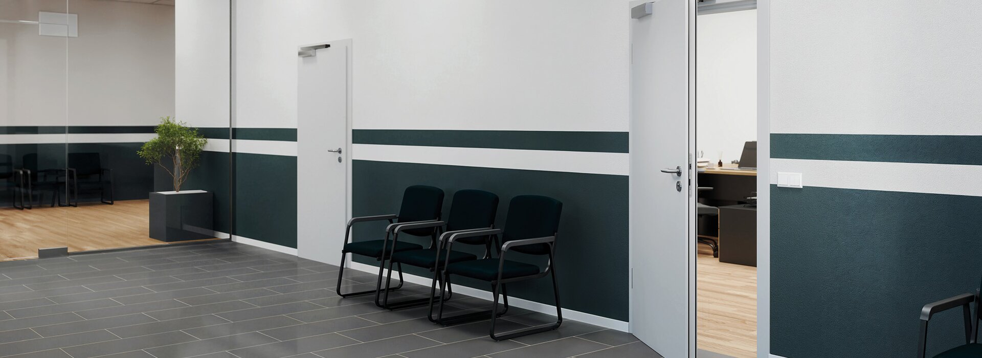 In the event of an alarm, people leave an office building through an emergency exit door.