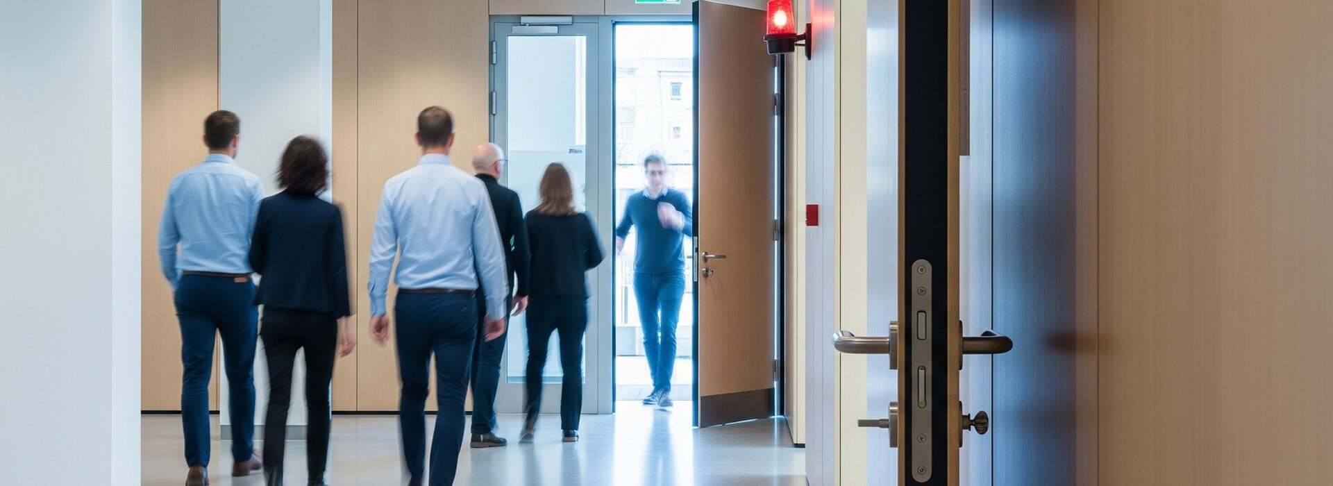 Personen verlassen im Alarmfall ein Bürogebäude durch eine Fluchttüre. 