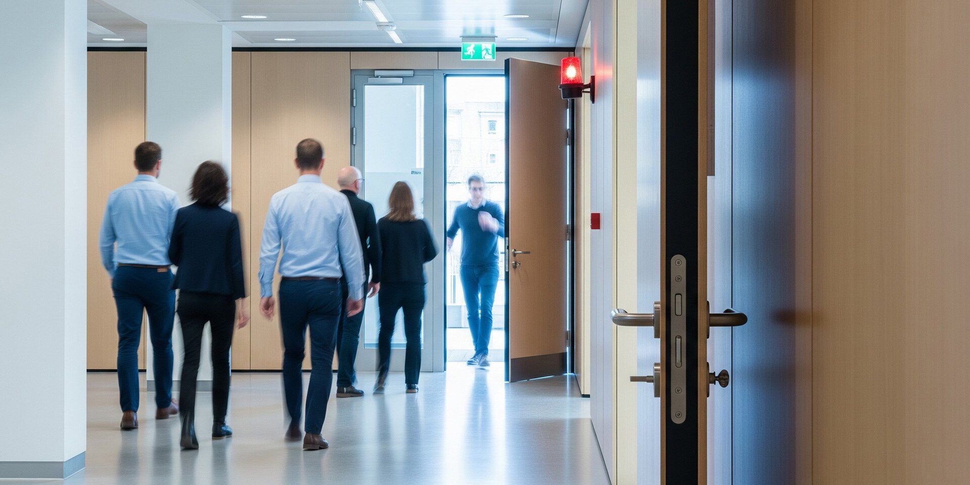 Personen verlassen im Alarmfall ein Bürogebäude durch eine Fluchttüre. 