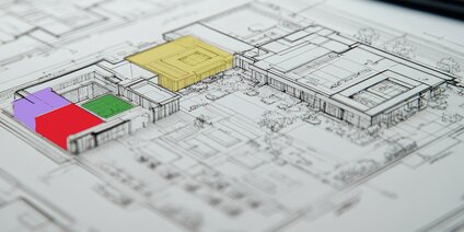 Bauplan mit farblich markierten Gebäudebereichen