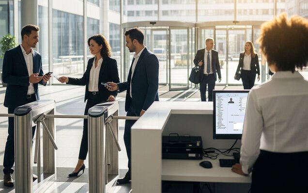 Drehkreuz-Zugang mit Ausweiskarten und Zutrittskontrollsystem GEMOS access im Empfangsbereich eines modernen Bürogebäudes