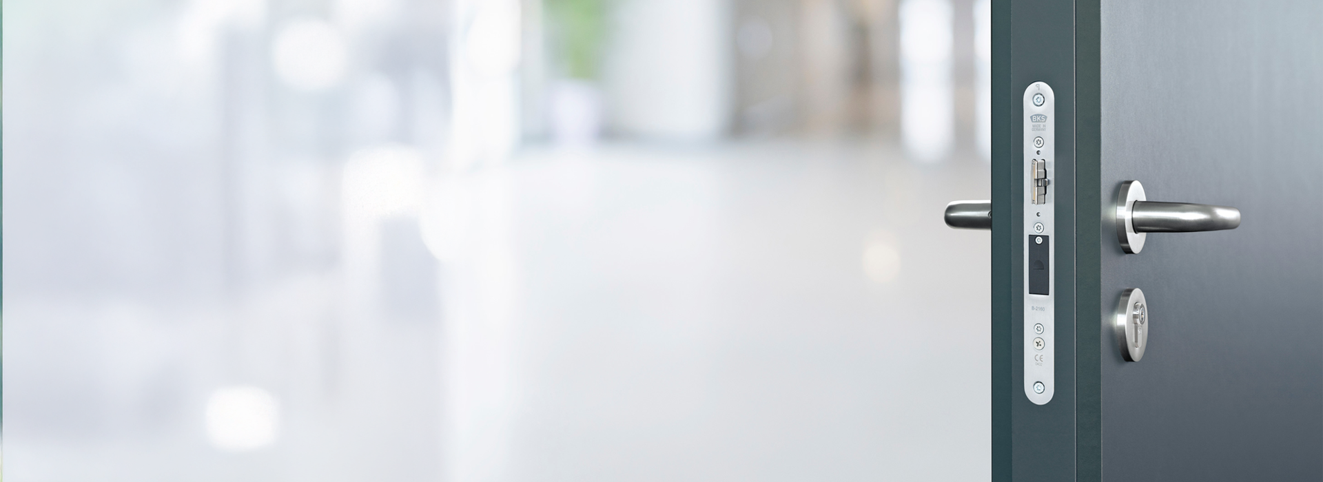 Moderner grauer Türrahmen mit Edelstahlbeschlägen und Drückergarnitur in einem hellen Flur