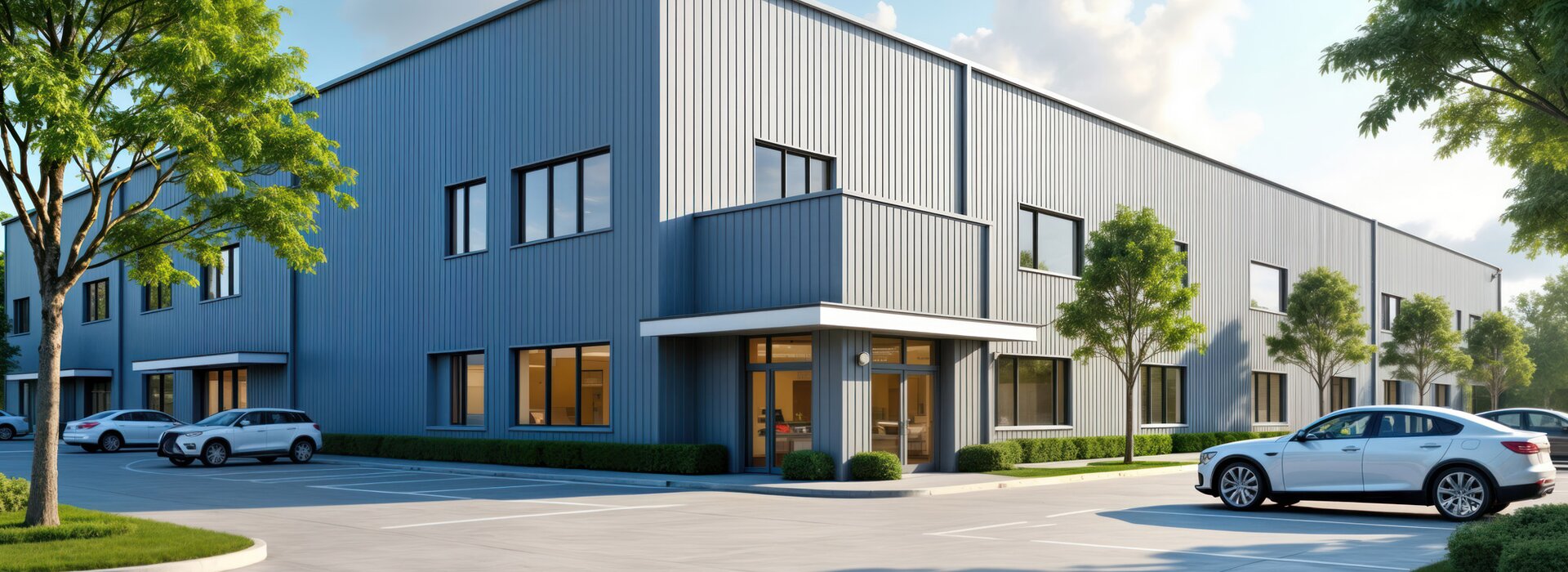Modernes Industriegebäude mit Parkplätzen und begrünten Außenanlagen bei Tageslicht