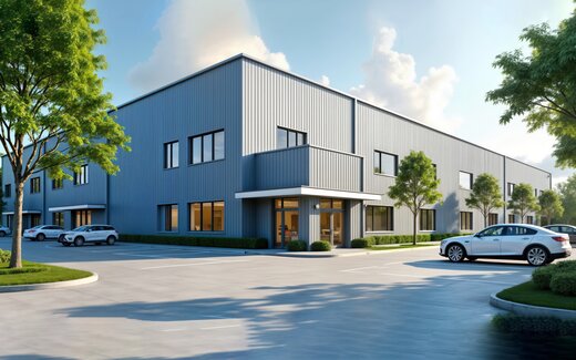 Modernes Gewerbegebäude mit Parkplätzen und Bäumen bei sonnigem Wetter