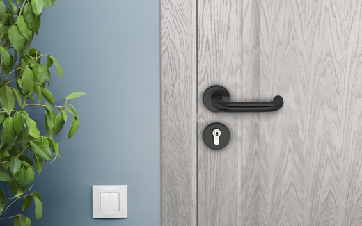 Moderne graue Holztür mit schwarzem Türgriff und Schließzylinder
