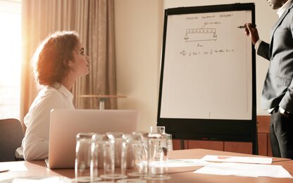 Geschäftspräsentation mit Diagramm auf Flipchart in Meetingraum